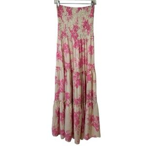 Abel The Label Flowy Strapless Tiered Maxi Dress White Pink Floral Size Medium